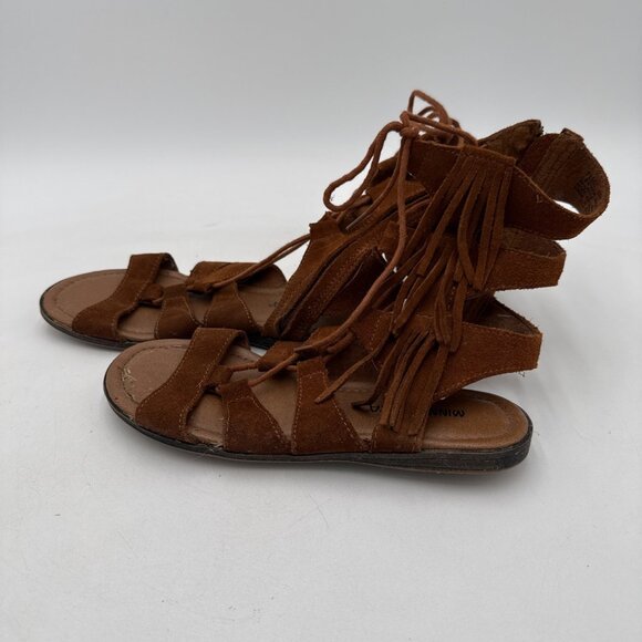 Minnetonka Brown Suede Gladiator Sandals 6 Womens Lace up Fringe Boho Festival - Picture 1 of 9